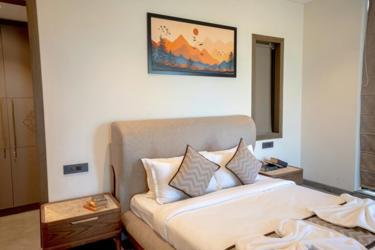 A cozy luxury bedroom interior in a villa located in Saligao, Goa, India.